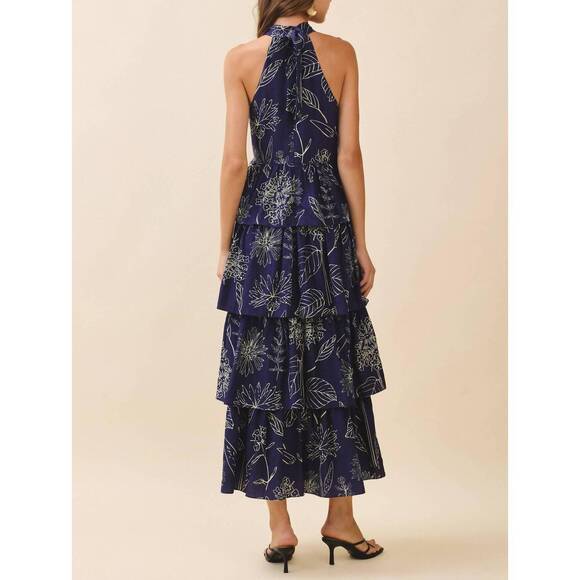 NEW TCEC halter neck back tie tiered maxi dress in navy - Picture 3 of 4